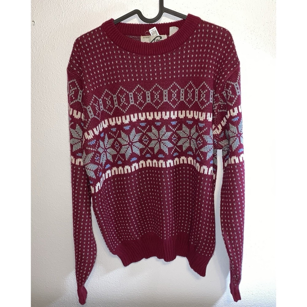 VNTG Ski Sweater Men's Acrylic‎ Fair isle Snowflake Maroon Medium Burgundy